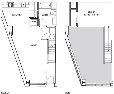 A floor plan of a two level home with a living room, kitchen, bathroom, and bedroom.